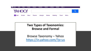 Two Types of Taxonomies:
Browse and Formal
Browse Taxonomy – Yahoo
https://in.yahoo.com/?p=us
 