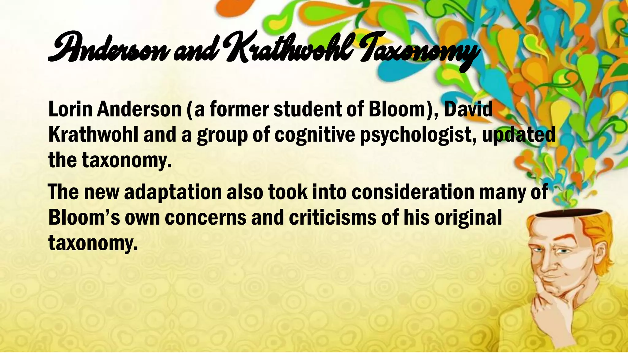 Lorin Anderson (a former student of Bloom), David
Krathwohl and a group of cognitive psychologist, updated
the taxonomy.
The new adaptation also took into consideration many of
Bloom’s own concerns and criticisms of his original
taxonomy.
 