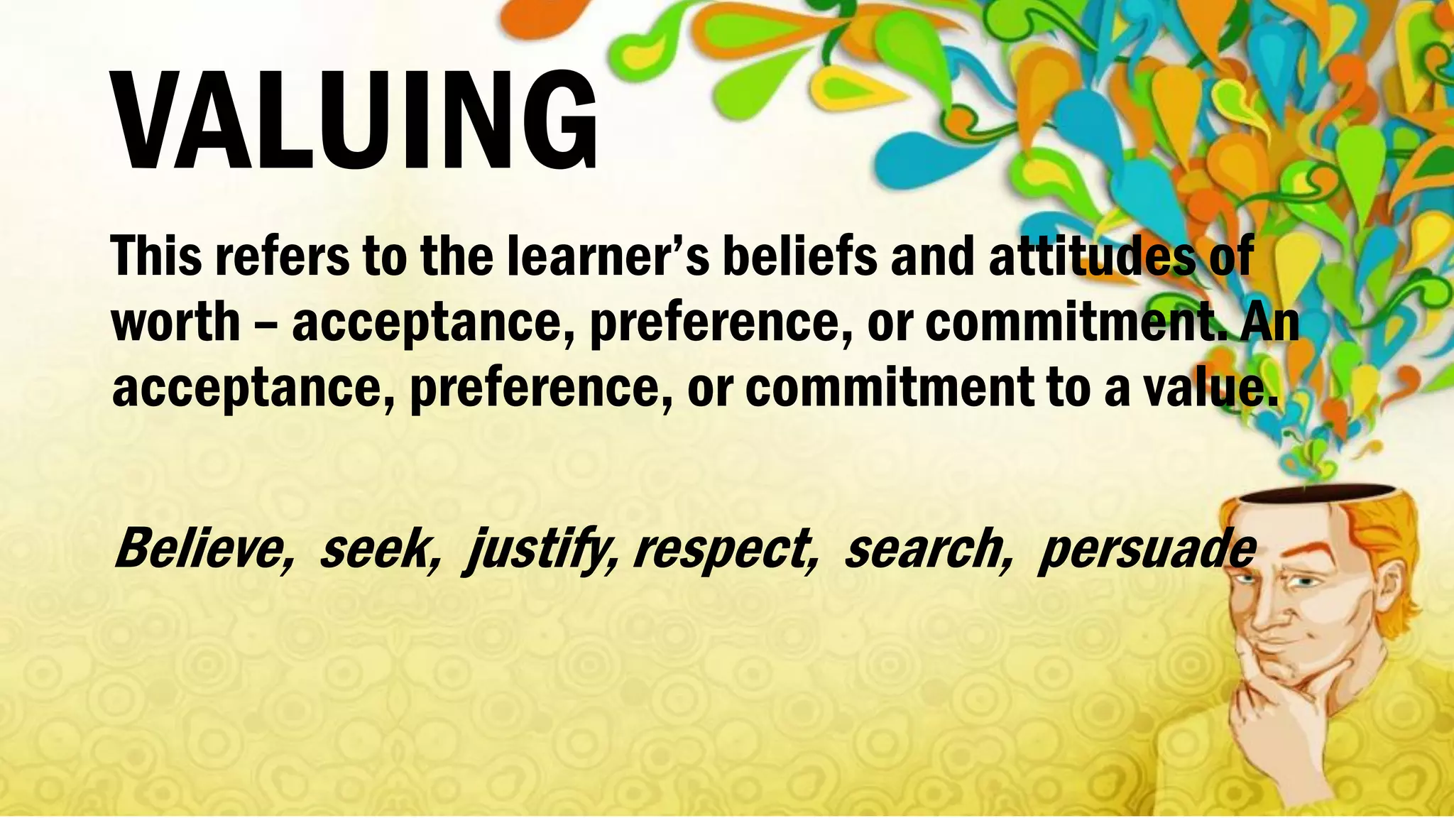 VALUING
This refers to the learner’s beliefs and attitudes of
worth – acceptance, preference, or commitment. An
acceptance, preference, or commitment to a value.
Believe, seek, justify, respect, search, persuade
 