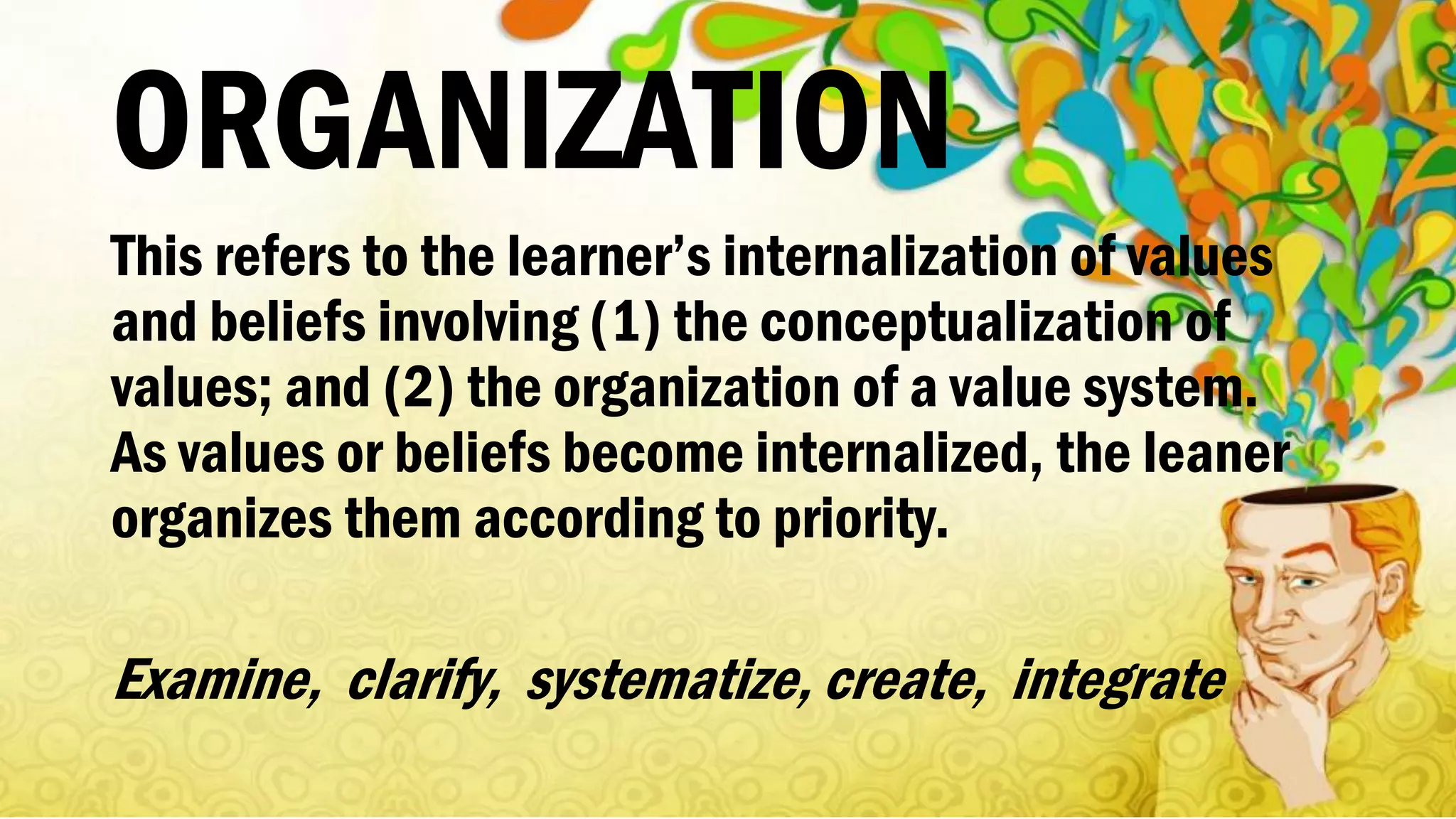 ORGANIZATION
This refers to the learner’s internalization of values
and beliefs involving (1) the conceptualization of
values; and (2) the organization of a value system.
As values or beliefs become internalized, the leaner
organizes them according to priority.
Examine, clarify, systematize, create, integrate
 