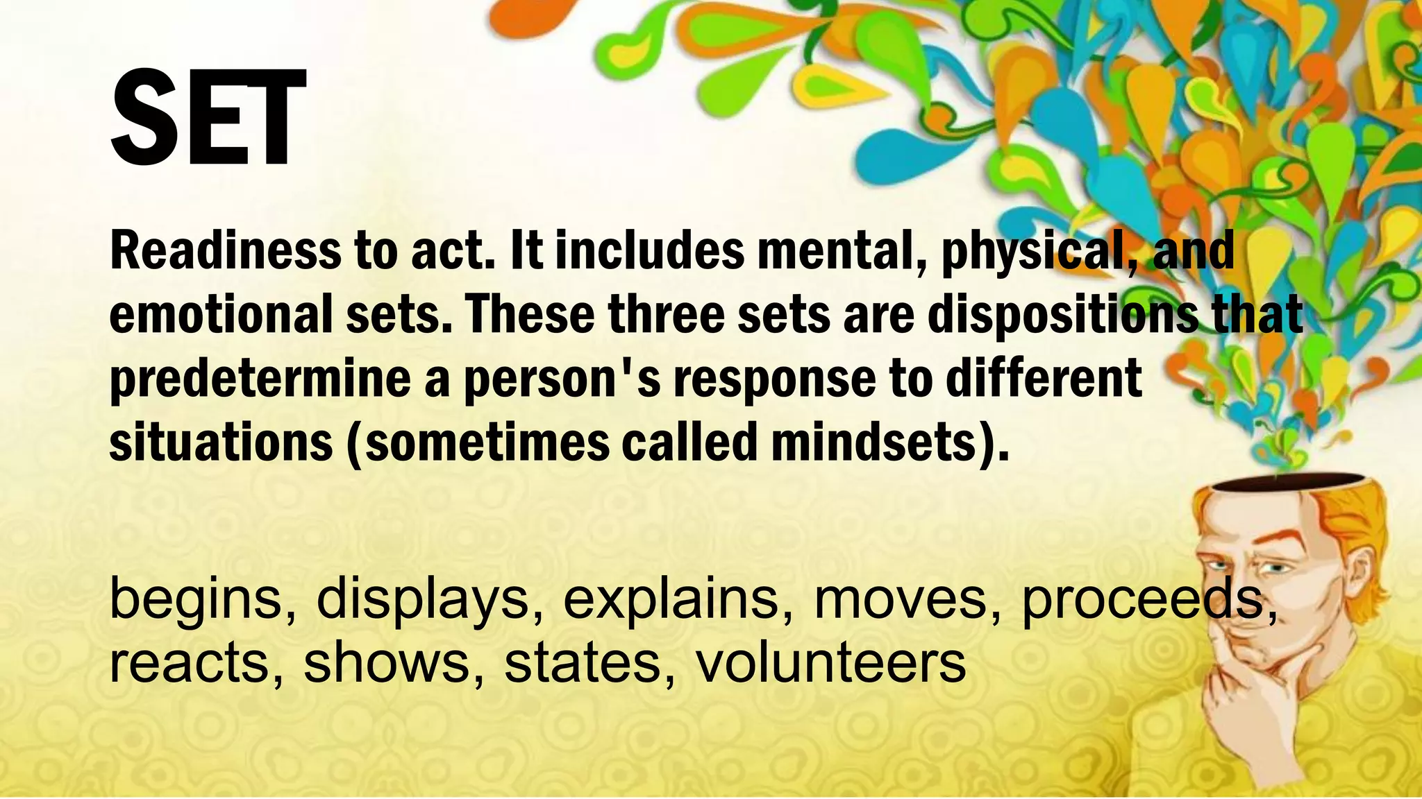 SET
Readiness to act. It includes mental, physical, and
emotional sets. These three sets are dispositions that
predetermine a person's response to different
situations (sometimes called mindsets).
begins, displays, explains, moves, proceeds,
reacts, shows, states, volunteers
 