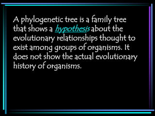 A phylogenetic tree is a family tree
that shows a hypothesis about the
evolutionary relationships thought to
exist among groups of organisms. It
does not show the actual evolutionary
history of organisms.
 