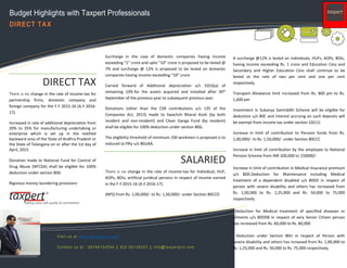 DIRECT TAX
There is no change in the rate of income-tax for
partnership firms, domestic company and
foreign company for the F.Y 2015-16 (A.Y 2016-
17).
Increased in rate of additional depreciation from
20% to 35% for manufacturing undertaking or
enterprise which is set up in the notified
backward area of the State of Andhra Pradesh or
the State of Telangana on or after the 1st day of
April, 2015.
Donation made to National Fund for Control of
Drug Abuse (NFCDA) shall be eligible for 100%
deduction under section 80G
Rigorous money laundering provisions
Budget Highlights with Taxpert Professionals
DIRECT TAX
Accumsan epulae accumsan inhibeo dolore populus praesent.
Molior vicis feugiat valetudo quadrum quidem
nisl ea paulatim lorem ipsumes.
Surcharge in the case of domestic companies having income
exceeding “1” crore and upto “10” crore is proposed to be levied @
7% and surcharge @ 12% is proposed to be levied on domestic
companies having income exceeding “10” crore
Carried forward of Additional depreciation u/s 32(ii)(a) of
remaining 10% for the assets acquired and installed after 30th
September of the previous year to subsequent previous year.
Donations (other than the CSR contributions u/s 135 of the
Companies Act, 2013) made to Swachch Bharat Kosh (by both
resident and non-resident) and Clean Ganga Fund (by resident)
shall be eligible for 100% deduction under section 80G.
The eligibility threshold of minimum 100 workmen is proposed is to
reduced to fifty u/s 80JJAA.
SALARIED
There is no change in the rate of income-tax for Individual, HUF,
AOPs, BOIs, artificial juridical persons in respect of income earned
in the F.Y 2015-16 (A.Y 2016-17).
(NPS) from Rs. 1,00,000/- to Rs. 1,50,000/- under Section 80CCD
Visit us at www.taxpertpro.com
Contact us at : 09769134554 || 022 25138323 || info@taxpertpro.com
A surcharge @12% is levied on individuals, HUFs, AOPs, BOIs,
having income exceeding Rs. 1 crore and Education Cess and
Secondary and Higher Education Cess shall continue to be
levied at the rate of two per cent and one per cent
respectively.
Transport Allowance limit increased from Rs. 800 pm to Rs.
1,600 pm
Investment in Sukanya Samriddhi Scheme will be eligible for
deduction u/s 80C and interest accruing on such deposits will
be exempt from income tax under section 10(11)
Increase in limit of contribution to Pension funds from Rs.
1,00,000/- to Rs. 1,50,000/- under Section 80CCC
Increase in limit of contribution by the employee to National
Pension Scheme from INR 100,000 to 150000/-
Increase in limit of contribution in Medical Insurance premium
u/s 80D.Deduction for Maintenance including Medical
treatment of a dependent disabled u/s 80DD in respect of
person with severe disability and others has increased from
Rs. 1,00,000 to Rs. 1,25,000 and Rs. 50,000 to 75,000
respectively.
Deduction for Medical treatment of specified diseases or
aliments u/s 80DDB in respect of very Senior Citizen person
has increased from Rs. 60,000 to Rs. 80,000
Deduction under Section 80U in respect of Person with
severe disability and others has ncreased from Rs. 1,00,000 to
Rs. 1,25,000 and Rs. 50,000 to Rs. 75,000 respectively.
 