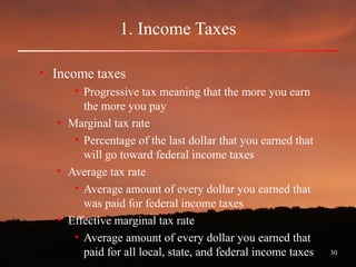 30
1. Income Taxes
• Income taxes
• Progressive tax meaning that the more you earn
the more you pay
• Marginal tax rate
• Percentage of the last dollar that you earned that
will go toward federal income taxes
• Average tax rate
• Average amount of every dollar you earned that
was paid for federal income taxes
• Effective marginal tax rate
• Average amount of every dollar you earned that
paid for all local, state, and federal income taxes
 