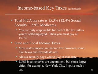 35
Income-based Key Taxes (continued)
• Total FICA tax rate is 15.3% (12.4% Social
Security + 2.9% Medicare).
• You are only responsible for half of the tax unless
you’re self-employed. Then you must pay all
15.3%
• State and Local Income Taxes
• Most states impose an income tax; however, some,
like Texas and Nevada do not
• Alaska actually pays you to live in that state
• Local income taxes are uncommon; but some larger
cities, for example, New York City, impose such a
tax
 