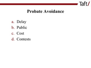 Probate Avoidance
a.
b.
c.
d.

Delay
Public
Cost
Contests

 