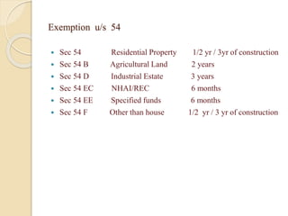Exemption u/s 54
 Sec 54 Residential Property 1/2 yr / 3yr of construction
 Sec 54 B Agricultural Land 2 years
 Sec 54 D Industrial Estate 3 years
 Sec 54 EC NHAI/REC 6 months
 Sec 54 EE Specified funds 6 months
 Sec 54 F Other than house 1/2 yr / 3 yr of construction
 