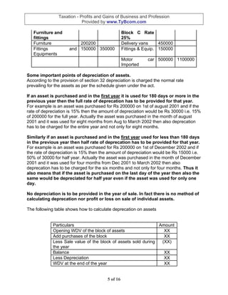 Taxation - Profits and Gains of Business and Profession
                            Provided by www.TyBcom.com

   Furniture and                                   Block C Rate
   fittings                                        25%
   Furniture             200200                    Delivery vans     450000
   Fittings          and 150000 350000             Fittings & Equip. 150000
   Equipments
                                                   Motor       car 500000 1100000
                                                   Imported

Some important points of depreciation of assets.
According to the provision of section 32 depreciation is charged the normal rate
prevailing for the assets as per the schedule given under the act.

If an asset is purchased and in the first year it is used for 180 days or more in the
previous year then the full rate of deprecation has to be provided for that year.
For example is an asset was purchased for Rs 200000 on 1st of august 2001 and if the
rate of depreciation is 15% then the amount of depreciation would be Rs 30000 i.e. 15%
of 200000 for the full year. Actually the asset was purchased in the month of august
2001 and it was used for eight months from Aug to March 2002 then also deprecation
has to be charged for the entire year and not only for eight months.

Similarly if an asset is purchased and in the first year used for less than 180 days
in the previous year then half rate of deprecation has to be provided for that year.
For example is an asset was purchased for Rs 200000 on 1st of December 2002 and if
the rate of depreciation is 15% then the amount of depreciation would be Rs 15000 i.e.
50% of 30000 for half year. Actually the asset was purchased in the month of December
2001 and it was used for four months from Dec 2001 to March 2002 then also
deprecation has to be charged for the six months and not only for four months. Thus it
also means that if the asset is purchased on the last day of the year then also the
same would be depreciated for half year even if the asset was used for only one
day.

No depreciation is to be provided in the year of sale. In fact there is no method of
calculating deprecation nor profit or loss on sale of individual assets.

The following table shows how to calculate deprecation on assets


             Particulars                                        Amount
             Opening WDV of the block of assets                   XX
             Add purchases of the block                           XX
             Less Sale value of the block of assets sold during  (XX)
             the year
             Balance                                              XX
             Less Depreciation                                    XX
             WDV at the end of the year                           XX


                                         5 of 16
 