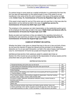 Taxation - Profits and Gains of Business and Profession
                               Provided by www.TyBcom.com


If a partner brings in some asset as a capital contribution in a partnership firm then the
firm can take the depreciation on the asset brought in even if the asset is not yet
transferred in the name of the firm and it remains in the name of the partner as held
under Amber Corp. Vs. Commissioner of Income tax Rajasthan high court 1994

If the asset is kept ready for use but if the same was not used then in that case also the
depreciation can be claimed as held in the case of capital bus service Vs.
Commissioner of Income tax Delhi high court 1980.

The employer or the assessee can claim depreciation on the residential quarters given
to the employee for their stay as held in the case of Delhi Cloth and General mills Vs.
Commissioner of Income tax Punjab high court 1966

Books are plant and machinery is they are related to the operating instructions of
handling the said machinery as held in the case of Elecon Engineering works Vs.
Commissioner of Income tax Gujarat high court 1974

                               CASES OF INTEREST ON CAPITAL

Whether the father in law gave an interest free loan to the son in law and both of them
do not have the intention to repay the interest and the principal it is not allowed as
deduction as it is an eye wash transaction, as held in the case of pepsu road transport
corp Vs. Commissioner of Income tax punjab and haryana high court 1981

DEPRECIATION RATES FOR VARIOUS ASSETS UNDER SECTION 32
Section 32 of the income tax act provides for the depreciation of various assets and the
prescribed rates are given below for single shift.

                                       DEPRECIATION RATES

    Residential Building with plinth area over 80 Sq M                                             5%.
    Hotel building and residential buildings with plinth area upto 80 Sq M                         20%
    Purely temporary construction                                                                 100%.
   Other Buildings                                                                                10%.
   New buildings with dwelling units of plinth area not exceeding 80 Sq M acquired after           40%
   1-4-99 but before 1-4.2002
   Thus, factory building or office building is eligible for depreciation. Note that ‘building’   10%
   includes roads, bridges, culverts, wells and tube wells
   Furniture in hotels, restaurant, educational institutions, library, cinema houses or           15%
   furniture used for hire
   Other furniture                                                                                10%
   Motor cars                                                                                     20%
   New Commercial vehicles mean heavy and medium goods vehicles, heavy and                        50%
   medium passenger motor vehicle, but does not include maxi-cab, motor cab, tractor or
   road roller] acquired on or after 1.4.2001 but before 1.4.2002 and put to use before



                                                  14 of 16
 