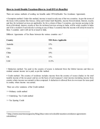 How to Avoid Double Taxation-(How to Avail DTAA Benefits)
There are various methods of availing tax benefits under DTAA(Double Tax Avoidance Agreement).
• Exemption method: Under this method, income is taxed in only one of the two countries. As per the terms of
the treaty with countries like Greece, Libya and United Arab Republic, income from dividend, Interest, royalty
and fees for technical services are applicable. So for a citizen of these 3 countries, any income accruing in the
form of dividend, interest, royalty or fees for technical services arising in India, will be solely taxable in India
and if for a resident if such income is arising in any of these 3 countries then the income will solely be taxed in
these 3 countries and it will not be at taxed in India.
Different Agreements of Tax Rates between the various countries are:-5
Country TDS Rates Applicable
Australia 15%
USA 15%
China 10%
UK 15%
UAE 12.5%
• Deduction method: Tax paid in the country of source is deducted from the Global income and then on
residual amount income tax is paid, as per this method.
• Credit method: The country of residence includes income from the country of source (India) in the total
taxable income of the tax payer and tax on the basis of such taxpayer’s total income (including income from
country where income was earned) is then computed. A deduction is allowed from its own taxes for taxes paid
in country where income was earned.
There are a few variations of the Credit method:
>> Ordinary credit method
>> Underlying Tax Credit method
>> Tax Sparing Credit
5 http://www.smartmoneygoal.in/blog/dtaa-rates-nris-double-taxation-avoidance-agreement-
calculation/
 