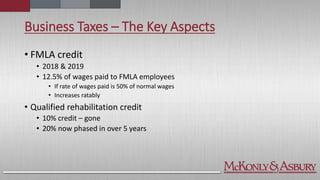 Business Taxes – The Key Aspects
• FMLA credit
• 2018 & 2019
• 12.5% of wages paid to FMLA employees
• If rate of wages paid is 50% of normal wages
• Increases ratably
• Qualified rehabilitation credit
• 10% credit – gone
• 20% now phased in over 5 years
 