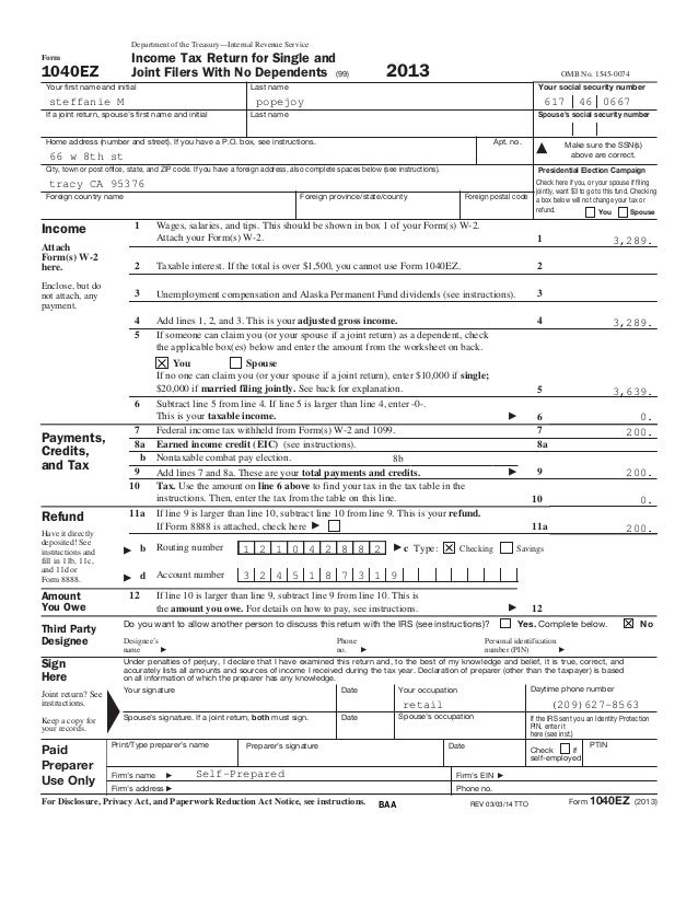 return irs 1040ez form
