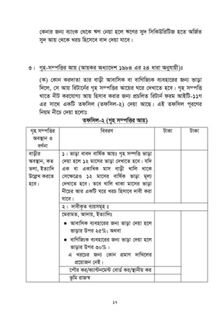 17
†Kbvi Rb¨ e¨vsK †_‡K FY †bqv n‡j F‡Yi my` wmwKDwiwUR n‡Z AwR©Z
my` Avq †_‡K LiP wn‡m‡e ev` †`qv hv‡e|
3| M„n-m¤cwËi Avq (AvqKi Aa¨v‡`k 1984 Gi 24 aviv Abyhvqx)t
(K) †Kvb Ki`vZv Zvi evox AvevwmK ev evwYwR¨K e¨env‡ii Rb¨ fvov
w`‡j, †m Avq wiUv‡b©i M„n m¤cwËi Av‡qi N‡i †`Lv‡Z n‡e| M„n m¤cwË
Lv‡Z bxU Ki‡hvM¨ Avq wnmve Kivi Rb¨ cÖPwjZ wiUvb© dig AvBwU-11M
Gi mv‡_ GKwU Zdwmj (Zdwmj-2) †`qv Av‡Q| GB Zdwmj c~i‡Yi
wbqg bx‡P †`qv n‡jvt
Zdwmj-2 (M„n m¤cwËi Avq)
M„n m¤cwËi
Ae¯’vb I
eY©bv
weeiY UvKv UvKv
evoxi
Ae¯’vb, KZ
Zjv, BZ¨vw`
D‡jøL Ki‡Z
n‡e|
1| fvov eve` evwl©K Avqt M„n m¤úwË fvov
†`qv n‡j 12 gv‡mi fvov †`Lv‡Z n‡e| hw`
GK ev GKvwaK gvm evox Lvwj _v‡K
†m‡¶‡ÎI 12 gv‡mi evwl©K fvov g~j¨
†`Lv‡Z n‡e| Z‡e Lvwj _vKv gv‡mi fvov
bx‡Pi Avi GKwU N‡i LiP wnmv‡e `vex Kiv
hv‡e|
2| `vexK…Z e¨qmg~n t
‡givgZ, Av`vq, BZ¨vw`t
 AvevwmK e¨env‡ii Rb¨ fvov †`qv n‡j
fvovi Dci 25%; A_ev
 evwYwR¨K e¨env‡ii Rb¨ fvov †`qv n‡j
fvovi Dci 30%|
G Li‡Pi Rb¨ †Kvb cÖgvY `vwL‡ji
cÖ‡qvRb †bB|
‡cŠi Ki/K¨v›Ub‡g›U †evW© Ki/¯’vbxq Ki
f‚wg ivR¯^
 