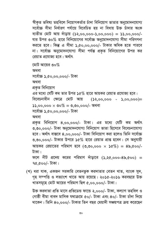 30
¯^xK…Z fwel¨ Znwe‡j wb‡qvMKZ©vi Puv`v wewb‡qvM fvZvi Aby‡gv`b‡hvM¨
m‡e©v”P mxgv wba©viY ch©v‡q we‡ewPZ nq bv weavq D³ Puv`vi AsK
e¨ZxZ †gvU Avq `uvovq (12,00,000-1,00,000) = 11,00,000/-
hvi Dci 30% nv‡i wewb‡qv‡Mi m‡e©v”P Aby‡gv`b‡hvM¨ mxgv cwiMYbv
Ki‡Z n‡e| wKš‘ G mxgv 1,50,00,000/- UvKvi AwaK n‡Z cvi‡e
bv| m‡e©v”P Aby‡gv`b‡hvM¨ mxgv ch©šÍ cÖK…Z wewb‡qv‡Mi Dci Ki
†iqvZ cÖ‡hvR¨ n‡e| A_©vr
‡gvU Av‡qi 30%
A_ev
m‡e©v”P 1,50,00,000/- UvKv
A_ev
cÖK…Z wewb‡qvM
Gi g‡a¨ †hwU Kg Zvi Dci 15% nv‡i AvqKi †iqvZ cÖ‡hvR¨ n‡e|
we‡ePbvaxb †¶‡Î †gvU Avq (12,00,000 - 1,00,000)=
11,00,000  30% = 3,30,000/- A_ev
m‡e©v”P 1,50,00,000/- UvKv
A_ev
cÖK…Z wewb‡qvM 4,00,000/- UvKv| Gi g‡a¨ †hwU Kg A_©vr
3,30,000/- UvKv Aby‡gv`b‡hvM¨ wewb‡qvM fvZv wn‡m‡e we‡ePbv‡hvM¨
n‡e| A_©vr ev¯Í‡e 4,00,000/- UvKv wewb‡qvM Kiv n‡jI wZwb m‡e©v”P
3,30,000/- UvKvi Dc‡i 15% nv‡i †iqvZ cÖvß n‡eb| †m Abyhvqx
AvqKi †iqv‡Zi cwigvY n‡e (3,30,000  15%) = 49,500/-
UvKv|
d‡j bxU cÖ‡`q K‡ii cwigvY `uvov‡e (1,25,000-49,500) =
75,500/- UvKv|
(L) aiv hvK, GKRb miKvwi †eZbfzK Ki`vZvi †eZb LvZ, e¨vsK my`,
M„n m¤cwË I jf¨vsk Lv‡Z Avq i‡q‡Q| 2015-2016 KieQ‡i D³
LvZmg~‡n †gvU Av‡qi cwigvY wQj 5,00,000/- UvKv|
D³ Ki`vZv cÖwZ gv‡m cÖwf‡WÛ dv‡Û 2,000/- UvKv, Kj¨vY Znwej I
†Mvôx exgv eve` gvwmK h_vµ‡g 50/- UvKv Ges 40/- UvKv Pvu`v w`‡q
_v‡Kb| wZwb 40,000/- UvKvi wZb eQi †gqv`x mÂqcÎ µq K‡i‡Qb
 