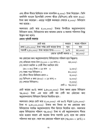 31
Ges Rxeb exgvi wcÖwgqvg eve` evrmwiK 3,000/- UvKv w`‡q‡Qb| wZwb
Zdwmwj e¨vs‡K wW‡cvwRU †cbkb ¯‹x‡g (wWwcGm) cÖwZ gv‡m 500/-
UvKv Rgv K‡i‡Qb| GQvov mswkøó KieQ‡i †kqv‡i 5,000/- wewb‡qvM
Kiv n‡q‡Q|
Ki`vZvi †gvU Avq 5,00,000/- UvKvi wecix‡Z Aby‡gv`b‡hvM¨
wewb‡qvM fvZv, wewb‡qv‡Mi Rb¨ AvqKi †iqvZ I Ki`vq cwiMYbv wb‡gœ
D‡jøL Kiv n‡jvt
†iqvZ c~e©eZ©x Ki`vq
†gvU Avq Kinvi K‡ii cwigvY
cÖ_g 2,50,000/- UvKv ch©šÍ †gvU Av‡qi Dci k~b¨ k~b¨
cieZ©x 2,50,000/- UvKv Av‡qi Dci-------- 10% 25,000/-
†iqvZ c~e©eZ©x Ki`vq = 25,000/-
Ki †iqv‡Zi Rb¨ Aby‡gv`b‡hvM¨ wewb‡qv‡Mi cwigvY n‡e wbgœiƒct
(K) cÖwf‡WÛ dv‡Û Puv`v (2,000  12 gvm) = 24,000/-
(L) Kj¨vY Znwej I †Mvôx exgv Znwe‡j Pvu`v
(50 + 40) UvKv  12 gvm = 1,080/-
(M) mÂq c‡Î wewb‡qvM = 40,000/-
(N) Rxeb exgvi wcÖwgqvg cÖ`vb = 3,000/-
(O) wWwcGm G Rgv (500/-  12 gvm) = 6,000/-
(P) †kqv‡i wewb‡qvM= 5,000/-
†gvU = 79,080/-
†gvU Av‡qi 30% A_ev 1,50,00,000/- UvKv A_ev cÖK…Z wewb‡qvM
79,080/- UvKv -Gi g‡a¨ †hwU Kg †mwU Ki †iqv‡Zi Rb¨
Aby‡gv`b‡hvM¨ wewb‡qvM wnmv‡e we‡ewPZ n‡e|
Ki`vZvi †¶‡Î †gvU Avq 5,00,000/- Gi 30% `uvovq 1,50,000/-
UvKv hv 1,50,00,000/- UvKvi Kg weavq Zv Ki †iqv‡Zi Rb¨
wewb‡qv‡Mi m‡e©v”P Aby‡gv`b‡hvM¨ mxgv wnmv‡e we‡ewPZ n‡e| Ki`vZvi
cÖK…Z wewb‡qv‡Mi cwigvY 79,080/- UvKv hv GB Aby‡gv`b‡hvM¨ mxgvi
g‡a¨ nIqvi Kvi‡Y GB As‡Ki Dci mivmwi 15% nv‡i Ki †iqvZ
cwiMYbv Kiv n‡e| d‡j Ki †iqv‡Zi cwigvY n‡e (79,080  15%) =
 