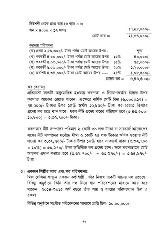 46
wUDkbx †_‡K cÖvß Avq (6 e¨vP  6
Rb  4000  12 gvm) 17,28,000/-
†gvU Avq = 21,84,000/-
Ki`vq cwiMYbv
(K) cÖ_g 2,50,000/- UvKv ch©šÍ †gvU Av‡qi Dci - k~b¨
(L) cieZx© 4,00,000/- UvKv ch©šÍ †gvU Av‡qi Dci 10% 40,000/-
(M) cieZx© 5,00,000/- UvKv ch©šÍ †gvU Av‡qi Dci 15% 75,000/-
(N) cieZx© 6,00,000/- UvKv ch©šÍ †gvU Av‡qi Dci 20% 1,20,000/-
(O) Aewkó 4,34,000/- UvKv †gvU Av‡qi Dci ---- 25% 1,08,500/-
cÖ‡`q Ki = 3,43,500/-
Ki †iqvZt
cÖwf‡W›U dvÛwU Aby‡gvw`Z nIqvq Ki`vZv I wb‡qvMKZ©vi Puv`vi Dci
Ki`vZv AvqKi †iqvZ cv‡eb| G‡¶‡Î evwl©K †gvU Puv`v (6,00012) =
72,000/- UvKvi Dci 15% A_©vr 10,800/- UvKv Ki †iqvZ wnmv‡e
cÖ‡`q Ki n‡Z ev` hv‡e| d‡j bxU cÖ‡`q K‡ii cwigvY n‡e (3,43,500-
10,800) = 3,32,700/- UvKv|
Ki`vZvi bxU m¤c‡`i cwigvY 2 †KvwU 30 j¶ UvKv hv mviPvR© Av‡iv‡ci
j‡¶¨ bxU m¤c‡`i m‡e©v”P mxgv 2 †KvwU 25 jÿ UvKvi AwaK nIqvq bxU
cÖ‡`q Ki 3,32,700/- UvKvi Dci 10% nv‡i mviPvR© eve` (3,32,700
 10%) = 33,270/- UvKv AwZwi³ Ki cÖ‡`q n‡e| d‡j Ki`vZv‡K †gvU
AvqKi cÖ`vb Ki‡Z n‡e (3,32,700/- + 33,270/-) = 3,65,970/-
UvKv|
5| GKRb wkíxi Avq Ges Ki cwiMYbvt
wgR& †mwjbv LvZzb GKRb KÉwkíx| Zuvi wbR¯^ GKwU Mv‡bi `j i‡q‡Q|
wewfbœ Abyôv‡b wZwb Zuvi `j wb‡q Mvb cwi‡ek‡bi gva¨‡g Avq K‡i
_v‡Kb| 2014-2015 A_© eQ‡i Zuvi Avq I e¨‡qi cwimsL¨vb wQj G
iKgt
wewfbœ Abyôv‡b msMxZ cwi‡ek‡bi gva¨‡g cÖvwß wQj- 10,00,000/-
 