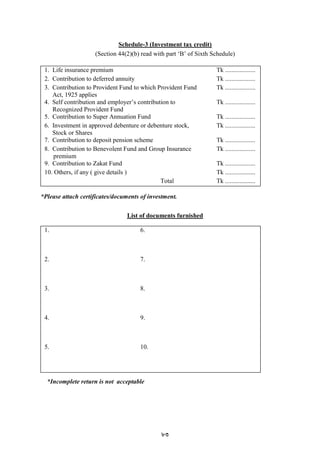 83
Schedule-3 (Investment tax credit)
(Section 44(2)(b) read with part „B‟ of Sixth Schedule)
1. Life insurance premium Tk ...................
2. Contribution to deferred annuity Tk ...................
3. Contribution to Provident Fund to which Provident Fund
Act, 1925 applies
Tk ...................
4. Self contribution and employer‟s contribution to
Recognized Provident Fund
Tk ...................
5. Contribution to Super Annuation Fund Tk ...................
6. Investment in approved debenture or debenture stock,
Stock or Shares
Tk ...................
7. Contribution to deposit pension scheme Tk ...................
8. Contribution to Benevolent Fund and Group Insurance
premium
Tk ...................
9. Contribution to Zakat Fund Tk ...................
10. Others, if any ( give details ) Tk ...................
Total Tk ...................
*Please attach certificates/documents of investment.
List of documents furnished
1. 6.
2. 7.
3. 8.
4. 9.
5. 10.
*Incomplete return is not acceptable
 