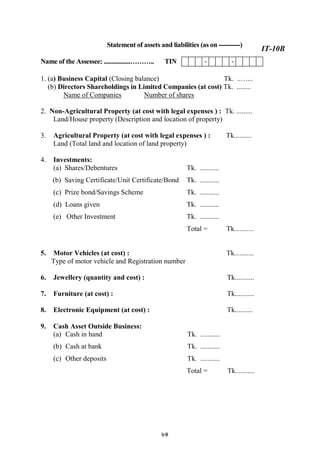 84
Statement of assets and liabilities (as on ----------)
Name of the Assessee: .................……….. TIN - -
1. (a) Business Capital (Closing balance) Tk. ..…...
(b) Directors Shareholdings in Limited Companies (at cost) Tk. ........
Name of Companies Number of shares
2. Non-Agricultural Property (at cost with legal expenses ) : Tk. .........
Land/House property (Description and location of property)
3. Agricultural Property (at cost with legal expenses ) : Tk..........
Land (Total land and location of land property)
4. Investments:
(a) Shares/Debentures Tk. ...........
(b) Saving Certificate/Unit Certificate/Bond Tk. ...........
(c) Prize bond/Savings Scheme Tk. ...........
(d) Loans given Tk. ...........
(e) Other Investment Tk. ...........
Total = Tk...........
5. Motor Vehicles (at cost) : Tk...........
Type of motor vehicle and Registration number
6. Jewellery (quantity and cost) : Tk...........
7. Furniture (at cost) : Tk...........
8. Electronic Equipment (at cost) : Tk..........
9. Cash Asset Outside Business:
(a) Cash in hand Tk. ...........
(b) Cash at bank Tk. ...........
(c) Other deposits Tk. ...........
Total = Tk...........
IT-10B
 