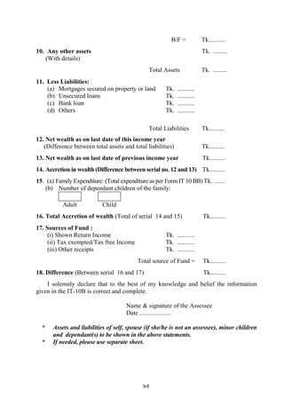 85
B/F = Tk...........
10. Any other assets Tk. .........
(With details)
Total Assets Tk. .........
11. Less Liabilities:
(a) Mortgages secured on property or land Tk. ...........
(b) Unsecured loans Tk. ...........
(c) Bank loan Tk. ...........
(d) Others Tk. ...........
Total Liabilities Tk..........
12. Net wealth as on last date of this income year
(Difference between total assets and total liabilities) Tk..........
13. Net wealth as on last date of previous income year Tk..........
14. Accretion in wealth (Difference between serial no. 12 and 13) Tk..........
15. (a) Family Expenditure: (Total expenditure as per Form IT 10 BB) Tk. .......
(b) Number of dependant children of the family:
Adult Child
16. Total Accretion of wealth (Total of serial 14 and 15) Tk..........
17. Sources of Fund :
(i) Shown Return Income Tk. ...........
(ii) Tax exempted/Tax free Income Tk. ...........
(iii) Other receipts Tk. ...........
Total source of Fund = Tk..........
18. Difference (Between serial 16 and 17) Tk..........
I solemnly declare that to the best of my knowledge and belief the information
given in the IT-10B is correct and complete.
Name & signature of the Assessee
Date ....................
* Assets and liabilities of self, spouse (if she/he is not an assessee), minor children
and dependant(s) to be shown in the above statements.
* If needed, please use separate sheet.
 