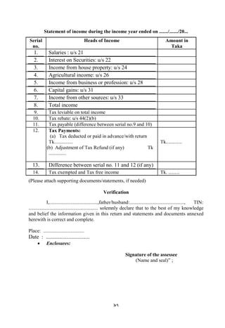 97
Statement of income during the income year ended on ......./......./20...
Serial
no.
Heads of Income Amount in
Taka
1. Salaries : u/s 21
2. Interest on Securities: u/s 22
3. Income from house property: u/s 24
4. Agricultural income: u/s 26
5. Income from business or profession: u/s 28
6. Capital gains: u/s 31
7. Income from other sources: u/s 33
8. Total income
9. Tax leviable on total income
10. Tax rebate: u/s 44(2)(b)
11. Tax payable (difference between serial no.9 and 10)
12. Tax Payments:
(a) Tax deducted or paid in advance/with return
Tk...............
(d) (b) Adjustment of Tax Refund (if any) Tk
..............
Tk.............
13. Difference between serial no. 11 and 12 (if any)
14. Tax exempted and Tax free income Tk. .........w
(Please attach supporting documents/statements, if needed)
Verification
I,.......................................,father/husband:............................................, TIN:
........................................................ solemnly declare that to the best of my knowledge
and belief the information given in this return and statements and documents annexed
herewith is correct and complete.
Place: .................................
Date : ................................
 Enclosures:
Signature of the assessee
(Name and seal)” ;
 
