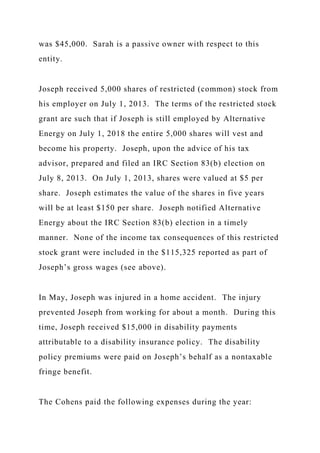 was $45,000. Sarah is a passive owner with respect to this
entity.
Joseph received 5,000 shares of restricted (common) stock from
his employer on July 1, 2013. The terms of the restricted stock
grant are such that if Joseph is still employed by Alternative
Energy on July 1, 2018 the entire 5,000 shares will vest and
become his property. Joseph, upon the advice of his tax
advisor, prepared and filed an IRC Section 83(b) election on
July 8, 2013. On July 1, 2013, shares were valued at $5 per
share. Joseph estimates the value of the shares in five years
will be at least $150 per share. Joseph notified Alternative
Energy about the IRC Section 83(b) election in a timely
manner. None of the income tax consequences of this restricted
stock grant were included in the $115,325 reported as part of
Joseph’s gross wages (see above).
In May, Joseph was injured in a home accident. The injury
prevented Joseph from working for about a month. During this
time, Joseph received $15,000 in disability payments
attributable to a disability insurance policy. The disability
policy premiums were paid on Joseph’s behalf as a nontaxable
fringe benefit.
The Cohens paid the following expenses during the year:
 