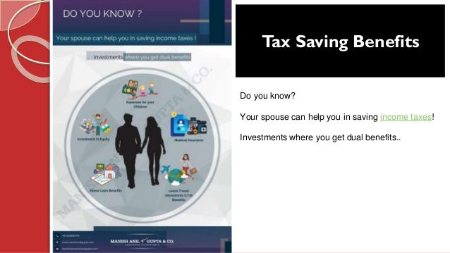 Tax Saving Benefits
Do you know?
Your spouse can help you in saving income taxes!
Investments where you get dual benefits..
 