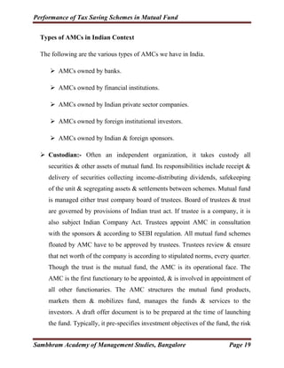 Performance of Tax Saving Schemes in Mutual Fund
Sambhram Academy of Management Studies, Bangalore Page 19
Types of AMCs i...