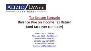 Tax Season Scenario
Balance Due on Income Tax Return
(and taxpayer can’t pay)
Peter E. Alizio CPA ESQ.
Alizio Law, PLLC – Tax Attorney
1551 Franklin Ave #205
Mineola, New York 11501
Phone: (212) 520-2906
Email: peter@aliziotax.com
 