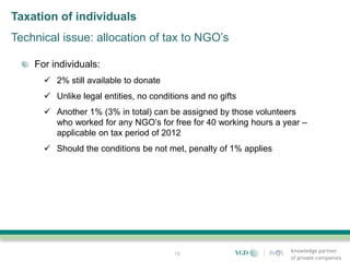 Taxation of individuals
Technical issue: allocation of tax to NGO’s

    For individuals:
       2% still available to donate
       Unlike legal entities, no conditions and no gifts
       Another 1% (3% in total) can be assigned by those volunteers
        who worked for any NGO’s for free for 40 working hours a year –
        applicable on tax period of 2012
       Should the conditions be not met, penalty of 1% applies




                                        15
 