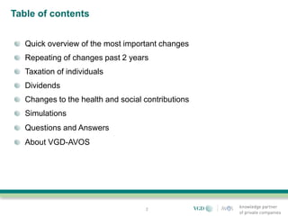 Table of contents


   Quick overview of the most important changes
   Repeating of changes past 2 years
   Taxation of individuals
   Dividends
   Changes to the health and social contributions
   Simulations
   Questions and Answers
   About VGD-AVOS




                                    2
 