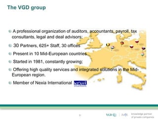 The VGD group



 A professional organization of auditors, accountants, payroll, tax
 consultants, legal and deal advisors;
  30 Partners, 625+ Staff, 30 offices
 Present in 10 Mid-European countries
 Started in 1981, constantly growing;
 Offering high quality services and integrated solutions in the Mid-
 European region.
 Member of Nexia International




                                    31
 