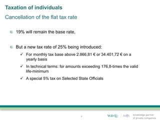 Taxation of individuals
Cancellation of the flat tax rate

    19% will remain the base rate,


    But a new tax rate of 25% being introduced:
       For monthly tax base above 2.866,81 € or 34.401,72 € on a
        yearly basis
       In technical terms: for amounts exceeding 176,8-times the valid
        life-minimum
       A special 5% tax on Selected State Officials




                                       6
 