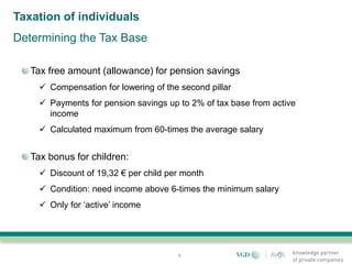 Taxation of individuals
Determining the Tax Base

   Tax free amount (allowance) for pension savings
      Compensation for lowering of the second pillar
      Payments for pension savings up to 2% of tax base from active
       income
      Calculated maximum from 60-times the average salary


   Tax bonus for children:
      Discount of 19,32 € per child per month
      Condition: need income above 6-times the minimum salary
      Only for ‘active’ income




                                       9
 