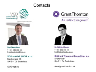 Dr. Wilfried Serles
T +421 2 59 300 400
E wilfried.serles@sk.gt.com
IB Grant Thornton Consulting, k.s.
Križkova 9
SK-811 04 Bratislava
www.grantthornton.sk
Bart Waterloos
T +421 2 59 300 400
E bart.waterloos@vgd.eu
VGD – AVOS AUDIT s.r.o.
Moskovska 13
SK-811 08 Bratislava
www.vgd.eu
Contacts
 