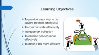 Learning Objectives
 To provide easy way to tax
payers (reduce ambiguity)
 To communicate effectively
 Increase tax collection
 To enforce policies more
effectively
 To make FBR more efficient
 