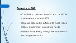 Strengths of FBR
 Contribution towards federal and provincial
total revenue is around 65%
 Revenue collected is sufficient to meet 75% to
80% of Government expenditure needs
 Monitor Fiscal Policy through tax incentives to
encourage flow of FDI
 