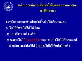 หลักเกณฑ์การเสียเงินได้บุคคลธรรมดาของ
สามี/ภรรยา
1.สำมีและภรรยำต่ำงฝ่ำยต่ำงยื่นเงินได้ส่วนของตน
2. เงินได้ที่แยกไม่ได้ ให้เลือก
(1) แบ่งฝ่ำยละครึ่ง หรือ
(2) เฉพำะเงินได้ประเภทที่ 8 จะตกลงแบ่งเงินได้เป็นของแต่
ฝ่ำยจำนวนเท่ำใดก็ได้ ถ้ำตกลงไม่ได้ให้แบ่งฝ่ำยครึ่ง
1

 