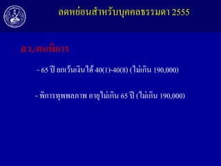 ลดหย่อนสาหรับบุคคลธรรมดา 2555

สว./คนพิกำร
- 65 ปี ยกเว้นเงินได้ 40(1)-40(8) (ไม่เกิน 190,000)
- พิการทุพพลภาพ อายุไม่เกิน 65 ปี (ไม่เกิน 190,000)

 