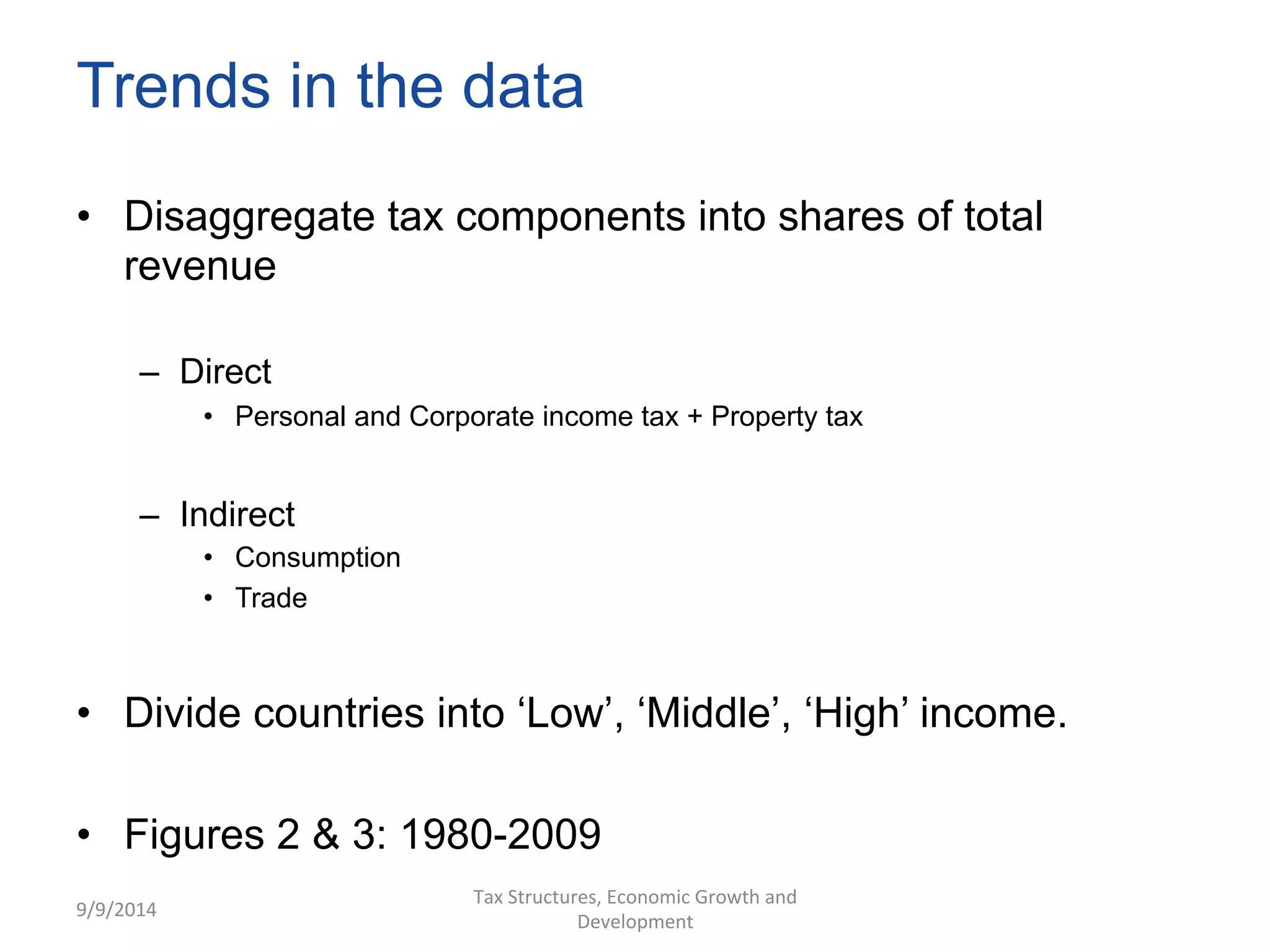 Trends in the data 
• Disaggregate tax components into shares of total 
revenue 
– Direct 
• Personal and Corporate income tax + Property tax 
– Indirect 
• Consumption 
• Trade 
• Divide countries into ‘Low’, ‘Middle’, ‘High’ income. 
• Figures 2 & 3: 1980-2009 
9/9/2014 
Tax 
Structures, 
Economic 
Growth 
and 
Development 
 