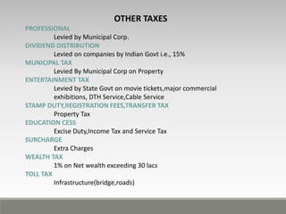 OTHER TAXES
PROFESSIONAL
Levied by Municipal Corp.
DIVIDEND DISTRIBUTION
Levied on companies by Indian Govt i.e., 15%
MUNICIPAL TAX
Levied By Municipal Corp on Property
ENTERTAINMENT TAX
Levied by State Govt on movie tickets,major commercial
exhibitions, DTH Service,Cable Service
STAMP DUTY,REGISTRATION FEES,TRANSFER TAX
Property Tax
EDUCATION CESS
Excise Duty,Income Tax and Service Tax
SURCHARGE
Extra Charges
WEALTH TAX
1% on Net wealth exceeding 30 lacs
TOLL TAX
Infrastructure(bridge,roads)
 