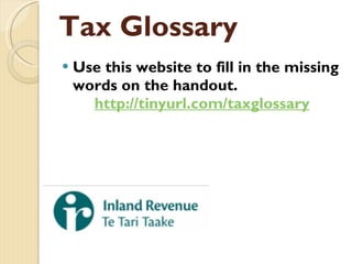 Tax Glossary Use this website to fill in the missing words on the handout.   http ://tinyurl.com/taxglossary 