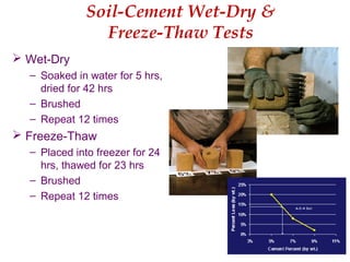Soil-Cement Wet-Dry &
Freeze-Thaw Tests
 Wet-Dry
– Soaked in water for 5 hrs,
dried for 42 hrs
– Brushed
– Repeat 12 times
 Freeze-Thaw
– Placed into freezer for 24
hrs, thawed for 23 hrs
– Brushed
– Repeat 12 times
 