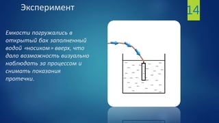 Эксперимент
Емкости погружались в
открытый бак заполненный
водой «носиком» вверх, что
дало возможность визуально
наблюдать за процессом и
снимать показания
протечки.
14
 