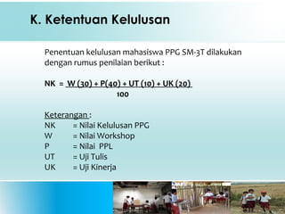 K. Ketentuan Kelulusan
Penentuan kelulusan mahasiswa PPG SM-3T dilakukan
dengan rumus penilaian berikut :
NK = W (30) + P(40) + UT (10) + UK (20)
100
Keterangan :
NK = Nilai Kelulusan PPG
W = Nilai Workshop
P = Nilai PPL
UT = Uji Tulis
UK = Uji Kinerja
 