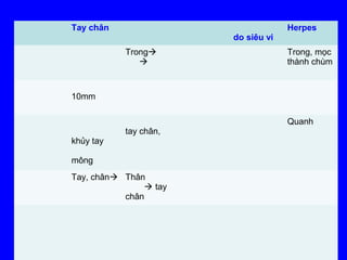 Tay chân
do siêu vi
Herpes
Trong

Trong, mọc
thành chùm
10mm
khủy tay
mông
tay chân,
Quanh
Tay, chân Thân
 tay
chân
 