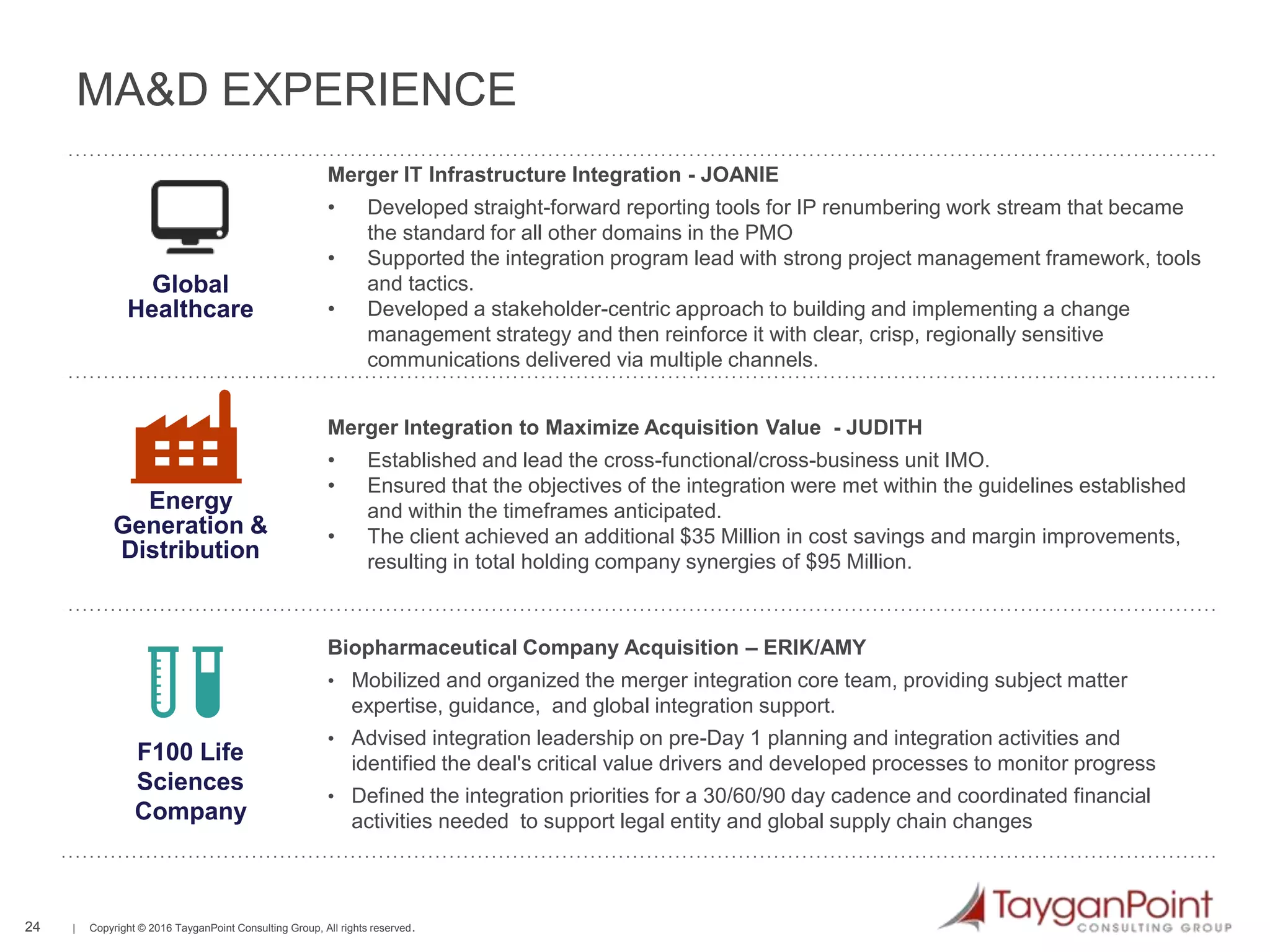 24 | Copyright © 2016 TayganPoint Consulting Group, All rights reserved.
MA&D EXPERIENCE
Merger IT Infrastructure Integration - JOANIE
• Developed straight-forward reporting tools for IP renumbering work stream that became
the standard for all other domains in the PMO
• Supported the integration program lead with strong project management framework, tools
and tactics.
• Developed a stakeholder-centric approach to building and implementing a change
management strategy and then reinforce it with clear, crisp, regionally sensitive
communications delivered via multiple channels.
Merger Integration to Maximize Acquisition Value - JUDITH
• Established and lead the cross-functional/cross-business unit IMO.
• Ensured that the objectives of the integration were met within the guidelines established
and within the timeframes anticipated.
• The client achieved an additional $35 Million in cost savings and margin improvements,
resulting in total holding company synergies of $95 Million.
Biopharmaceutical Company Acquisition – ERIK/AMY
• Mobilized and organized the merger integration core team, providing subject matter
expertise, guidance, and global integration support.
• Advised integration leadership on pre-Day 1 planning and integration activities and
identified the deal's critical value drivers and developed processes to monitor progress
• Defined the integration priorities for a 30/60/90 day cadence and coordinated financial
activities needed to support legal entity and global supply chain changes
Energy
Generation &
Distribution
F100 Life
Sciences
Company
Global
Healthcare
 