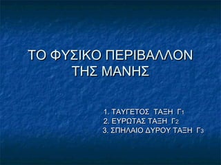 ΤΟ ΦΥΣΙΚΟ ΠΕΡΙΒΑΛΛΟΝΤΟ ΦΥΣΙΚΟ ΠΕΡΙΒΑΛΛΟΝ
ΤΗΣ ΜΑΝΗΣΤΗΣ ΜΑΝΗΣ
1. ΤΑΥΓΕΤΟΣ ΤΑΞΗ Γ1. ΤΑΥΓΕΤΟΣ ΤΑΞΗ Γ11
2. ΕΥΡΩΤΑΣ ΤΑΞΗ Γ2. ΕΥΡΩΤΑΣ ΤΑΞΗ Γ22
3. ΣΠΗΛΑΙΟ ΔΥΡΟΥ ΤΑΞΗ Γ3. ΣΠΗΛΑΙΟ ΔΥΡΟΥ ΤΑΞΗ Γ33
 