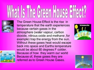 What Is The Green House Effect? The Green House Effect is the rise  in temperature that the earth experiences because certain gases in the atmosphere (water vapour, carbon dioxide, nitrous oxide and methane ,for example) trap the energy from the sun. Without these gases heat would escape back into space and Earths temperature  would be about 60 degrees F colder. Because of how  they warm our world Because of, these gases they are referred as to Green House Gases. 