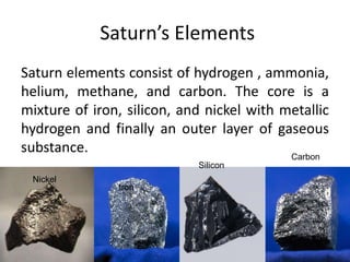        Saturn, The Great Ringed WonderSaturn is the 6th planet from the sun. It is the 2nd largest planet in the Solar system. This great, ringed beauty is named after the Roman god Saturn. It is a gas giant along with Jupiter, Uranus and Neptune. These 3 planets plus Saturn are called the 4 Jovian planets meaning they are like Jupiter.  For many years Saturn’s rings have interested astronomers.  These rings are made  entirely of ice and are very small. Although mirror-like images from the rings increase Saturn’s brightness we cannot see them from Earth without help.