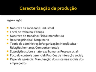 1930 – 1960
 Natureza da sociedade: Industrial
 Local de trabalho: Fábrica
 Natureza do trabalho: Física: manufatura
 Recurso principal: Maquinário
 Teoria da administração/organização: Neoclássica –
Relações humanas/Comportamental;
 Suposições sobre a natureza humana: Pessoa social;
 Foco do controle gerencial: Padrões de interação social;
 Papel da gerência: Manutenção dos sistemas sociais dos
empregados
 